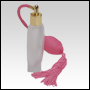 Frosted Circle glass bottle with Pink Bulb sprayer with tassel and golden fitting. Capacity: 3.5oz