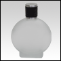 Circle Shaped Frosted Glass Bottle with Black Leather-type cap. Capacity: 106 ml (about 4oz) at neck