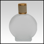 Circle Shaped Frosted Glass Bottle with Ivory Leather-type cap. Capacity: 106 ml (about 4oz) at neck