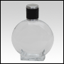 Circle Shaped Clear Glass Bottle with Black Leather-type cap. 106 ml (about 4oz) at neck.