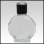 Circle Shaped Clear Glass Bottle with Black Leather-type cap. Capacity: 52 ml (about 2oz) at neck.