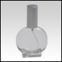 Clear Glass Bottle. Flat, Circular with a Matte Silver Sprayer and Cap. Capacity: 1oz (30ml)