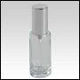 Clear Glass Bottle. Tall, Cylindrical with a Shiny Silver Sprayer and Cap. Capacity:1 oz (30ml) 