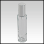 Clear Glass Bottle. Tall, Cylindrical with a Shiny Silver Sprayer and Cap. Capacity:1 2/3 oz (50ml)