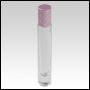 Cylindrical Tall clear glass Roll on bottle with Pink cap and shiny dots. Capacity