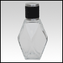Clear glass Diamond-shaped bottle with Black Leather-type cap. Capacity: 63 ml (2 oz) at neck.