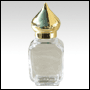 Rectangular glass bottle w/Gold colored dome cap.  Capacity: 1/3oz (10ml)