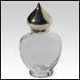 Pear shaped glass bottle with Gold colored dome cap. Capacity: 1/3oz (10ml)