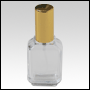 Rectangular glass bottle with Gold metal sprayer and cap. Capacity: 1/2oz (16ml)
