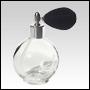 Clear Round glass bottle with Black Bulb sprayer and silver fitting. Capacity: 4.33oz (128 ml)