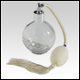 Clear Round glass bottle with Ivory Bulb sprayer, tassel and silver fitting. Capacity: 4.33oz(128ml)
