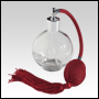 Clear Round glass bottle with Red Bulb sprayer, tassel and silver fitting. Capacity: 4.33oz(128ml)
