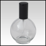 Clear Glass Bottle. Round, Spherical with a Black Sprayer and Cap. Capacity:4.33oz (128ml) 