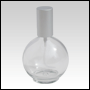 Clear Glass Bottle. Round, Spherical with a Matte Silver Sprayer and Cap. Capacity: 4.33oz (128ml)
