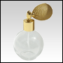 Round glass bottle with Gold Bulb sprayer and golden fitting. Capacity: 2 2/3oz (7