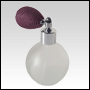 Frosted Round glass bottle with Lavender Bulb sprayer and silver fitting. Capacity: 2 2/3oz (78 ml)