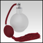 Frosted Round glass bottle with Red Bulb sprayer with tassel and silver fitting. Capacity: 2 2/3oz 