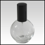 Clear Glass Bottle. Round, Spherical with a Black Sprayer and Cap. Capacity:2 2/3oz (78ml)