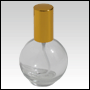 Clear Glass Bottle. Round, Spherical with a Gold Sprayer and Cap. Capacity:2 2/3oz (78ml) 
