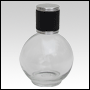 Clear Round glass bottle with Black Leather-type cap. Capacity: 78 ml (about 3oz).