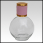 Clear Round glass bottle with Pink Leather-type cap. Capacity: 78 ml (about 3oz).