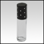 Cylindrical Round 5ml Roll on bottle with Black Caps and shiny dots. Capacity : 5ml (1/6oz)