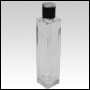 Sleek clear glass bottle with Black Leather-type cap. Capacity:109 mL  (~3.68 oz) 
