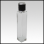 Sleek clear glass bottle with Black Leather-type screw on cap. Capacity: 54 mL (~1.8 oz) at neck