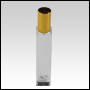 Sleek clear glass bottle with Gold Spray top screw on cap. Capacity: Up to 54 mL (