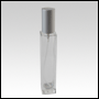 Sleek clear glass bottle with Matte Silver Spray top screw on cap. Capacity: Up to 54 mL (~1.8 oz)