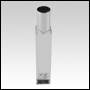 Sleek clear glass bottle with Shiny Silver Spray top screw on cap. Capacity: Up to 54 mL (~1.8 oz)
