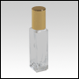 Tall Sleek square base glass bottle with Roll On and golden Cap. Capacity: 8ml (~1/3 oz)
