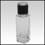 Slim clear glass tall bottle with Black Leather-type cap. Capacity: Up to 32 mL (~1.08 oz) at neck. 