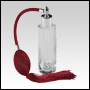 Slim glass bottle with Red Bulb sprayer with tassel and silver fitting. Capacity: 1 2/3oz (50ml)