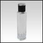 Slim clear glass tall bottle with Black Leather-type cap. Capacity: Up to 53 mL  (~1.80 oz) at neck.