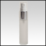 Clear Frosted Glass, refillable, cylindrical bottle with shiny silver metal collar sprayer and clear