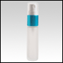 Frosted glass, refillable bottle w/Turquoise Blue metal collar sprayer. Capacity: 9ml (1/3 oz)