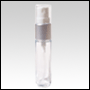 Clear glass, refillable bottle with matte silver metal collar sprayer. Capacity: 9