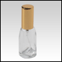 Clear bell shaped bottle with Gold cap and sprayer. Capacity: 10 ml (1/3 oz)