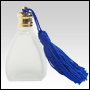 Clear frosted Triangle glass bottle with Blue tasseled Gold cap. Capacity: 1/4oz(8ml)