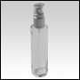Cylindrical clear glass tall bottle with Matte Silver treatment pump and Clear over cap. Capacity: 3