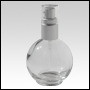128 ml (4.33 oz) Clear Glass Round Bottle with Matte Silver lotion pump and Clear Over cap.