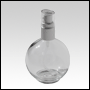 78 ml (2.65 oz) Clear Glass Round Bottle with Matte Silver lotion pump and Clear Over cap.