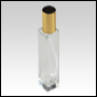 Sleek clear glass bottle with Gold treatment pump and cap. Up to 54 mL (2oz) at neck.